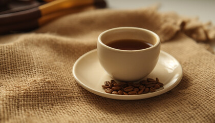 Hot coffee in rustic mug on burlap tablecloth, selective focus generated by AI