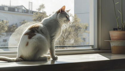 Fluffy kitten staring out window, whiskers twitching with curiosity generated by AI