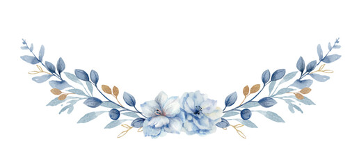 A watercolor vector wreath with dusty blue flowers and leaves.