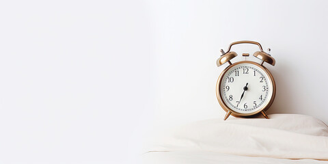 Retro alarm clock on white uniform background. Time to work or get up concept. Generative AI - obrazy, fototapety, plakaty