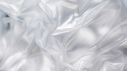 Transparent white glossy wrinkled plastic texture. Crumpled thin plastic backdrop. Generative AI