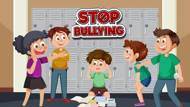 Animation of a boy being bullied in a school locker room, featuring a Stop Bullying sign.