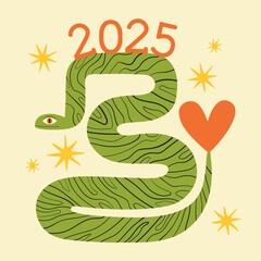 Vector illustration with green forest snake and red heart. Line pattern. New year greeting card template - 659534499