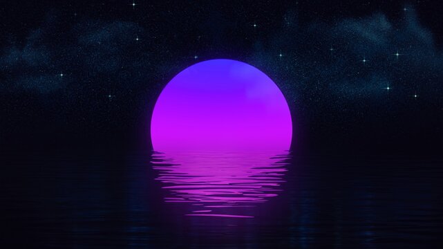 Fototapeta 3d render Purple pink sun reflected in the water in a minimalist style on a black background