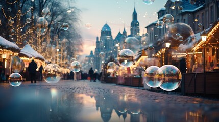 Soap bubbles floating in air with blurry Christmas market in backdrop. Magical, beautiful, and playful winter vibe, perfectly encapsulating the joyous spirit of the holiday season.