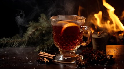 Cosy hot drink surrounded by Christmas elements and festive decorations. The winter season beverage is presented against a beautiful artistic and softly warm lit background for holiday atmosphere.