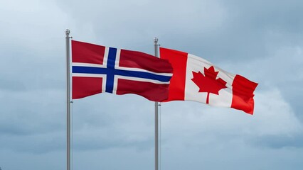 Canada and Norway flag waving together on cloudy sky, endless seamless loop, two country cooperation concept