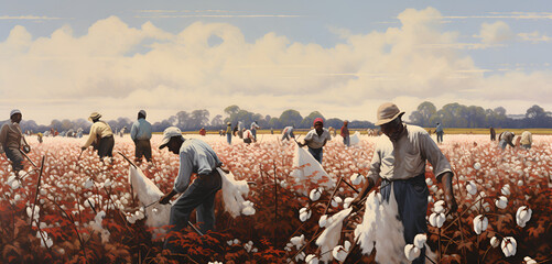 Group of farm workers with sacks picking cotton in field, Cotton Farming Scene Manual Labor in the Fields Countryside Harvest Agricultural Workers Gathering Cotton. AI Generative - obrazy, fototapety, plakaty