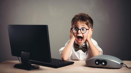 cute cheerful little boy sitting at the computer in surprise, shock, excitement, portrait of child, kid, schoolboy, study, internet, gamer, learning, eyes, facial expression, emotions, emotional face