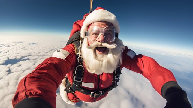 Closeup image of Santa Claus skydiver. Falling from sky in a free fall, with a backdrop of fluffy white clouds and a clear blue sky. Christmas presents or gifts delivery with parachute Santa.