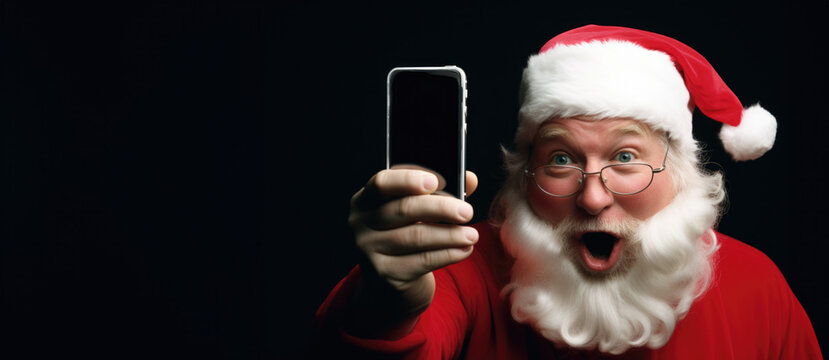 Happy Santa Claus showing screen of mobile phone on dark background.