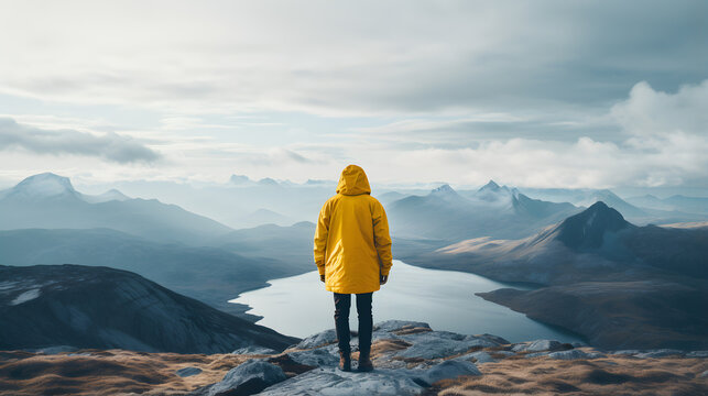 Man in yellow raincoat standing on top of mountain and looking at lake