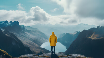 person in yellow raincoat standing on the edge of a cliff and looking at the valley - obrazy, fototapety, plakaty