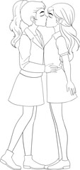 Lesbian couple kissing cartoon doodle isolated