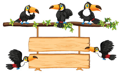 Toucan Standing and Flying at Wooden Signboard Banner