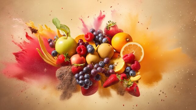  a bunch of fruit that is on a table with a lot of paint.  generative ai