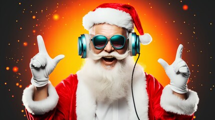 Festive Santa Claus with DJ headphones, inviting to nightclub Christmas party celebration or New Years Eve club event. Colorful and energetic background for a lively winter holiday party vibe.
