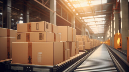 Cardboard boxes on conveyor rollers ready to be shipped by courier for distribution