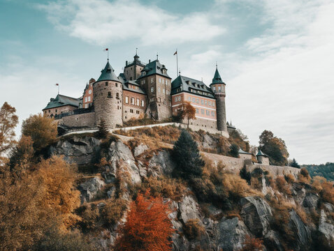A majestic 52-style castle stands on a hill, captured in a raw, vintage-style image.