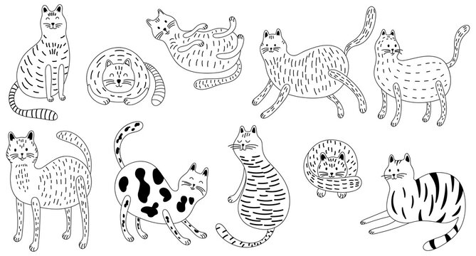 Hand drawn doodle cats isolated on white set. Hand drawn cute illustration for kids collection.