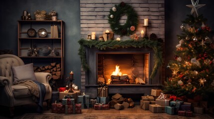 Decorated living room with warm and cozy Christmas winter vibe. Classical and elegant design fireplace with decorations creating the perfect atmosphere for holiday season. Traditional luxurious home.