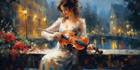 Liquid Oil Painting in Oil Mixed Style Brush Stroke of Beautiful Young Girl Play Violin Vibrant Abstract Art
