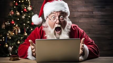 Surprised Santa Claus sitting in front of computer with shock as he reads an expensive Christmas gift list. Digital winter wishlist for presents as modern letter writing. Cozy decorations and tree. - obrazy, fototapety, plakaty
