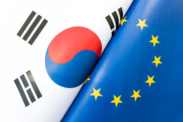 Flags European Union and south korea. concept of international relations between countries. The state of governments. - obrazy, fototapety, plakaty