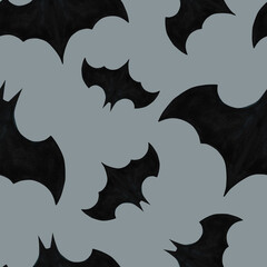 Watercolor seamless pattern with black bat halloween. Hand painting sketch isolated on white background. For designers, decoration, shop, for postcards, wrapping paper, covers. For posters and textile