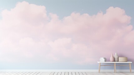  a room with a table, vases and a sky background.  generative ai