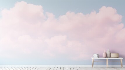 Fototapeta premium a room with a table, vases and a sky background. generative ai