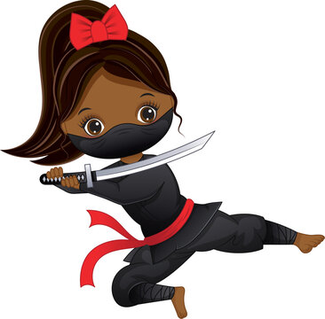 Vector Cartoon Little African American Girl Dressed as Ninja