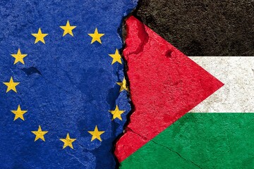 EU vs Palestine national flags icon on broken wall with cracks background, abstract Europe Palestine politics relationship friendship divided conflicts concept wallpaper