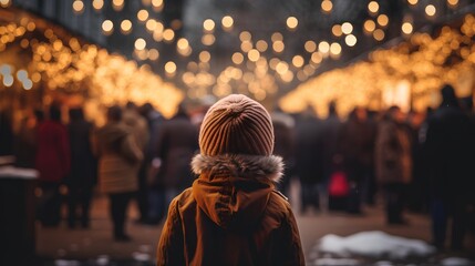 Child standing in a winter and looking to Christmas market. Cute kids with festive background. Traditional seasonal market, adorned with twinkling lights and holiday decorations. Snow and cold. - obrazy, fototapety, plakaty