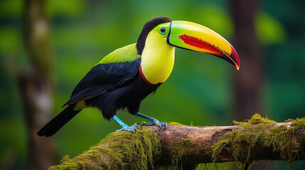 Keel-billed Toucan, Ramphastos sulfuratus, bird with big bill sitting on the branch in the forest,