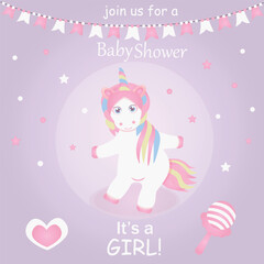 Set of baby shower invitations with cartoon character, rattle, unicorn and dinosaur. This is a girl. Vector illustration, EPS 10.