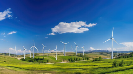 tall modern wind power plants stand along the road, landscape, network, alternative energy source, green, clean, renewable, electricity, natural, eco-friendly, sky, space for text