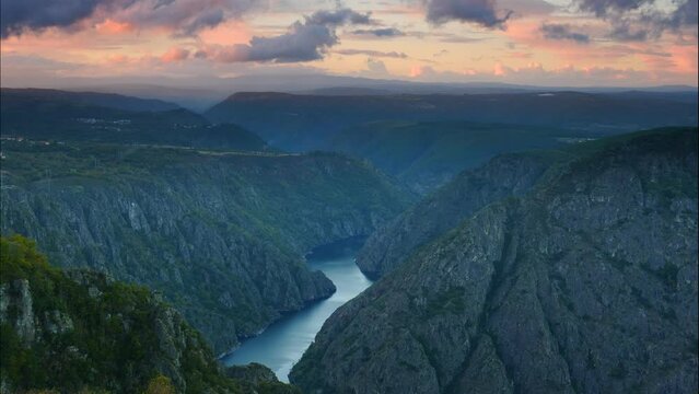 Time lapse of clouds moving at sunset over river Sil Canyon in Parada de Sil in Galicia, Spain. View from Cabezoa lookout. Place to visit.