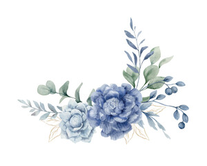 A watercolor vector bouquet with dusty blue flowers and branches.