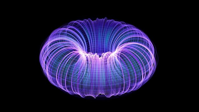 3D abstract animation: model of nuclear fusion. Electric or magnetic field lines, big data, nuclear fusion power concept. High energy elementary particles flow. Seamless loop video, black background