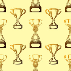 Winner cup seamless pattern. Sketch illustration. On a yellow background. Vector.