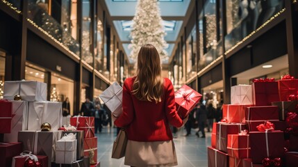 Stylish woman standing confidently with a large pile of wrapped presents. Christmas shopping madness with large amount of purchases and winter retail rush. Season offers and sale. Christmas red outfit - obrazy, fototapety, plakaty
