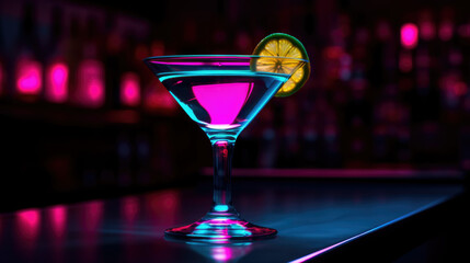 Close up of alcoholic cocktail, beverage, drink, prepared by professional barman in multicolored neon light.