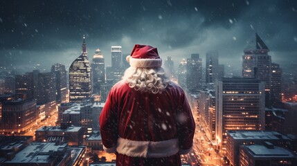 Obraz premium Santa Claus standing on a high roof and looking to urban city. Christmas vibe and winter snow. The city lights twinkle for magical holiday atmosphere. Season greetings with cityscape in night.