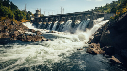 modern large hydroelectric power station on the river, bird's eye view from above, alternative renewable energy source, safe, electricity, eco-friendly, natural resource, water flow, stream, blue sky