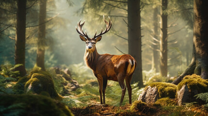 Adult male of Eld's deer, Panolia eldii, living in natural habitat, a species reintroduction - obrazy, fototapety, plakaty