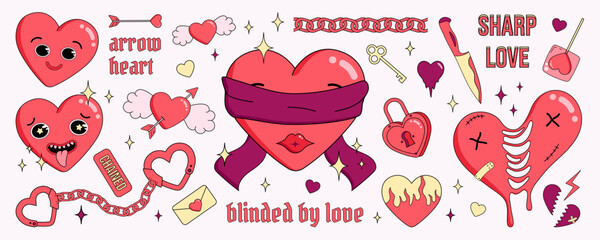 Set of cute and funny cartoon hearts characters and romantic symbols in trendy y2k retro aesthetic. Big sticker set for Valentine's Day. Vector illustration.