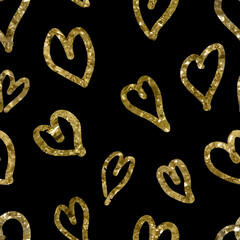 Valentines day seamless pattern on black background with hearts of gold. Vector
