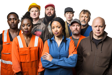 Group of industrial workers. Isolated on white background. - obrazy, fototapety, plakaty