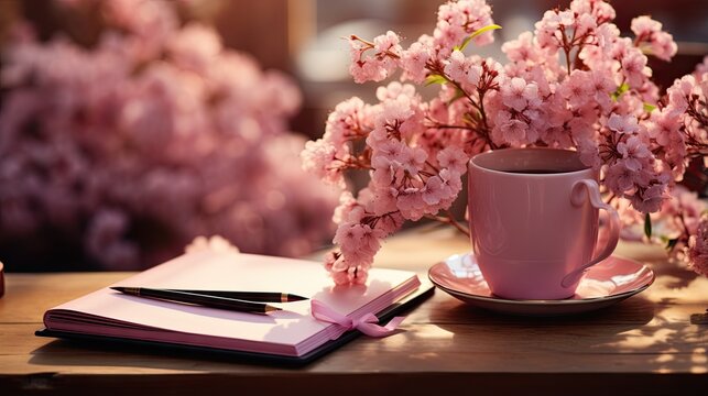  a pink coffee cup and saucer on a table with pink flowers.  generative ai
